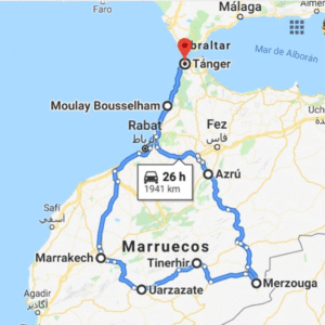 Mapa del viaje por el sur de Marruecos